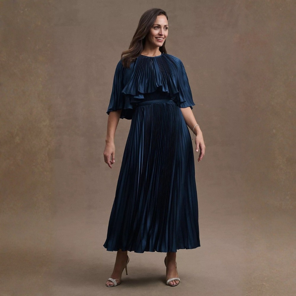 Mac Duggal Size 12 Dark Navy Blue Pleated Satin Tea‎ Length Maxi Midi Dress Gown